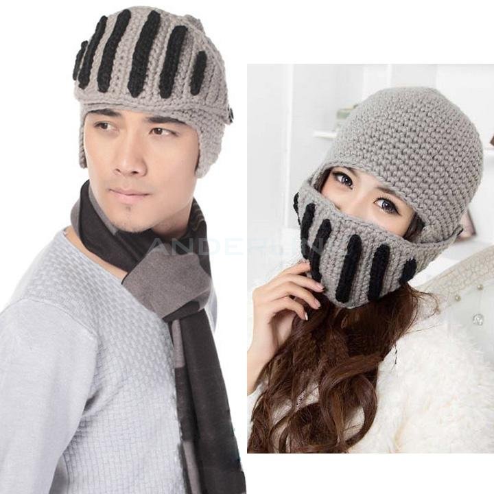 Women Men Boy Buttons Crochet Knit Black Ski Beanie Wool Roman Knight Hat Mask Cap Warm Headwear