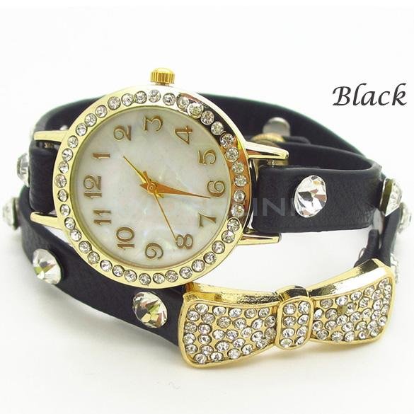 unknown New Fashion Wrap Around Bracelet Watch Bowknot Crystal Synthetic Leather Chain Women's Quartz Wrist Watches