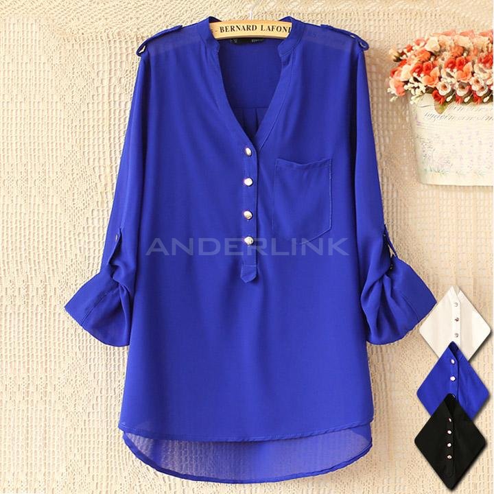 unknown Solid Color Metal Button Long Sleeve Chiffon Women Blouse Shirt V-neck