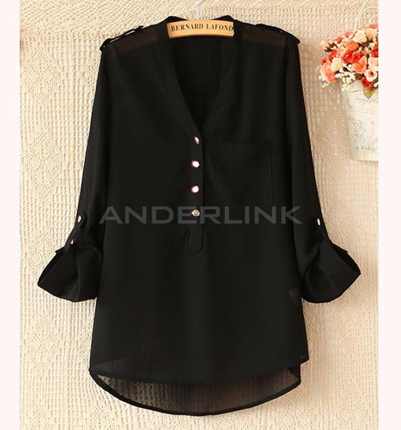 unknown Solid Color Metal Button Long Sleeve Chiffon Women Blouse Shirt V-neck