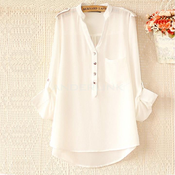 unknown Solid Color Metal Button Long Sleeve Chiffon Women Blouse Shirt V-neck