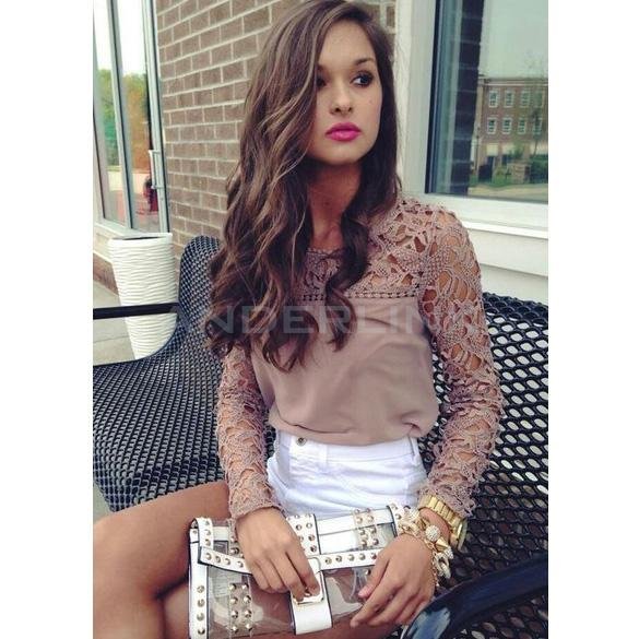 unknown Ladies' Lace Sleeve Chiffon Blouse Shirt Hollow Out Knitted Shoulder Tops 5 colors