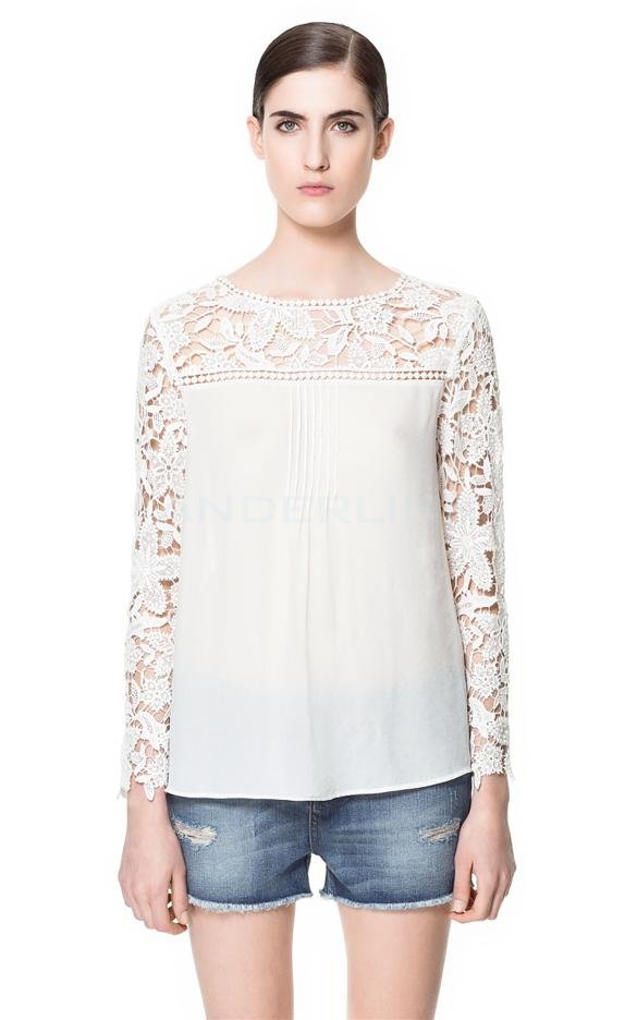 unknown Ladies' Lace Sleeve Chiffon Blouse Shirt Hollow Out Knitted Shoulder Tops 5 colors
