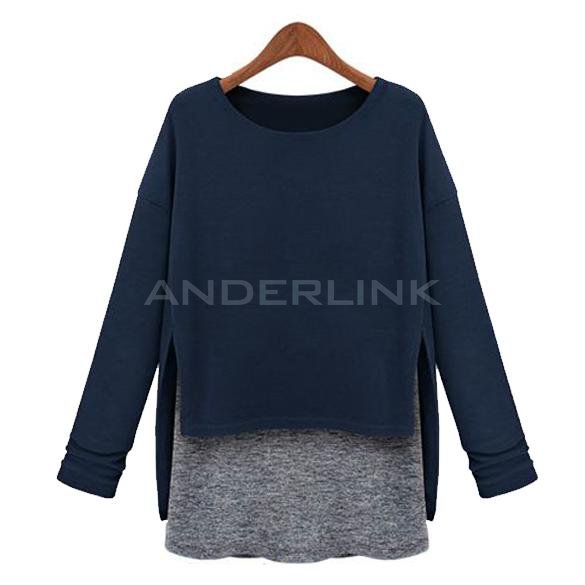 unknown Women's Fashion Loose False Two Piece Long Sleeve T-Shirt Top Blouse