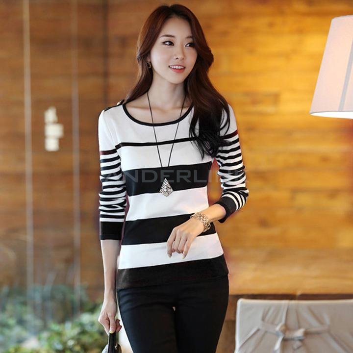 unknown Women's Autumn Winter Casual Long Sleeve Striped Thin Bottoming Sweater Pullover Shirt Blouse Tops Jumpers Knitwear