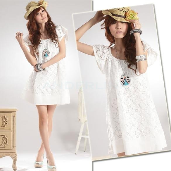 unknown Graceful Lady Casual Round Neck White Flowers Lace Net Dresses Mini Dress