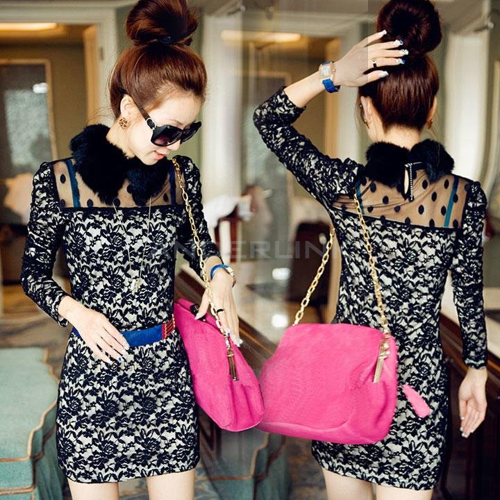 unknown Women Lady Lace Floral Sexy Slim Long Sleeve Wool Collar Dress
