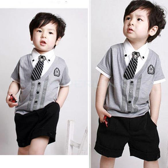 unknown Children baby boys short clothes suits set kids gentleman summer shirt T-shirt+ pants +tie sets suit