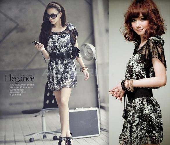 unknown New Summer Women's Korean Sexy See-through Lace Shoulder Chiffon Lotus Sleeve Skater Mini Top Tunic Dress With Belt