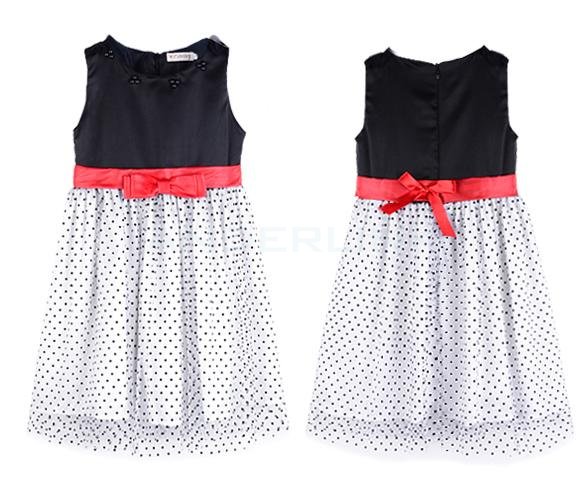 unknown New Arrival Children Dress Black and White Dots Bow Detail Belt Tiered party Dresses girl dress