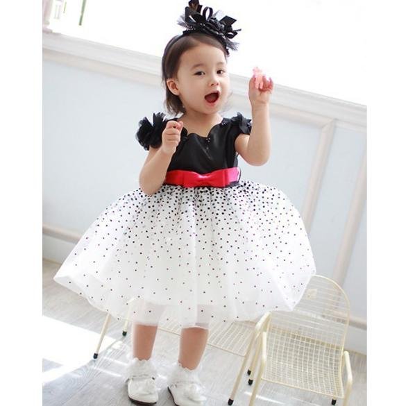 New Arrival Children Dress Black and White Dots Bow Detail Belt Tiered party Dresses girl dress