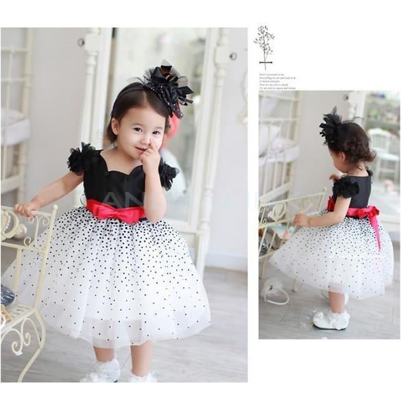 New Arrival Children Dress Black and White Dots Bow Detail Belt Tiered party Dresses girl dress