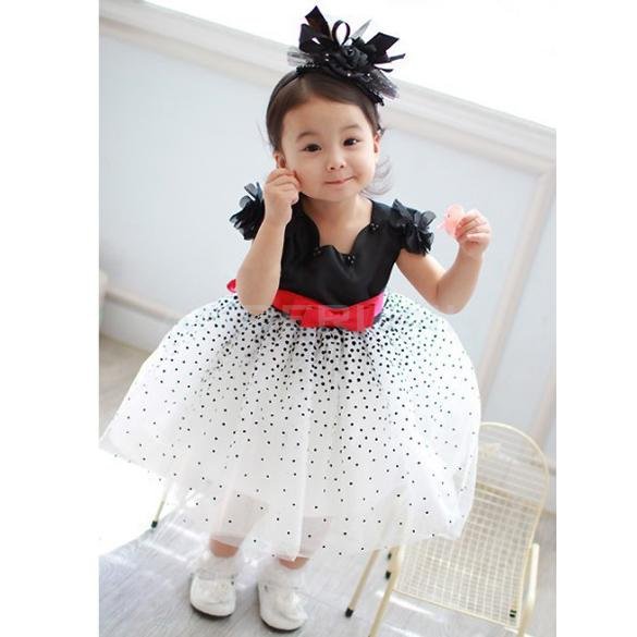 New Arrival Children Dress Black and White Dots Bow Detail Belt Tiered party Dresses girl dress
