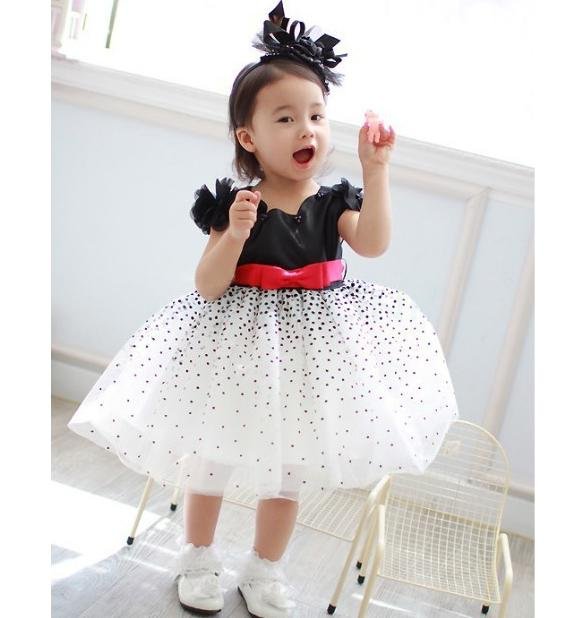 New Arrival Children Dress Black and White Dots Bow Detail Belt Tiered party Dresses girl dress