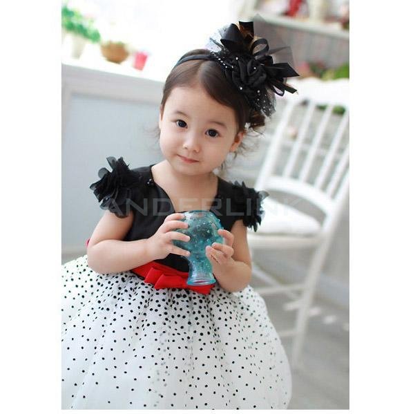 New Arrival Children Dress Black and White Dots Bow Detail Belt Tiered party Dresses girl dress