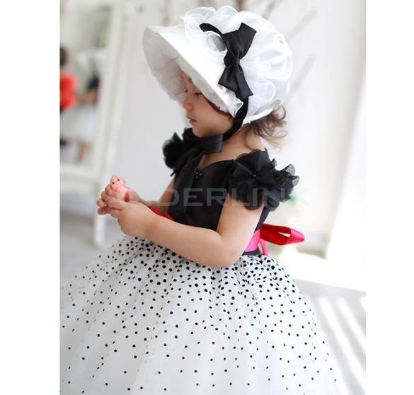 New Arrival Children Dress Black and White Dots Bow Detail Belt Tiered party Dresses girl dress