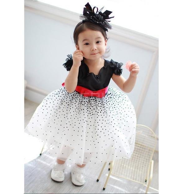 New Arrival Children Dress Black and White Dots Bow Detail Belt Tiered party Dresses girl dress