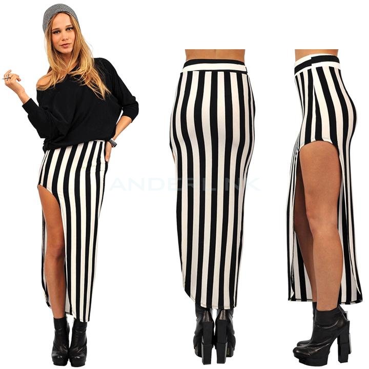 unknown New Women's Ladies Striped Long Black White Maxi Skirt