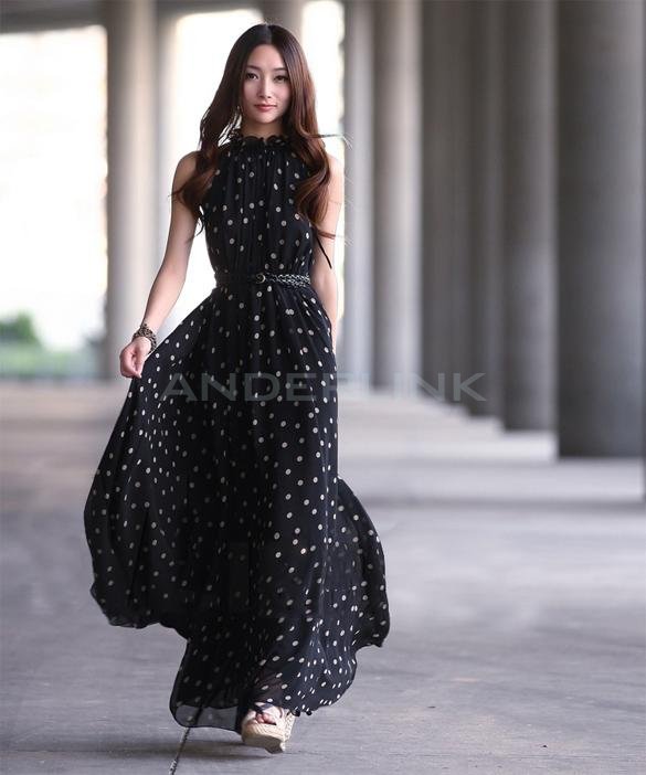 unknown Women's Elegant Chiffon Dot Vest Maxi Full Long Dress Sleeveless With Belt