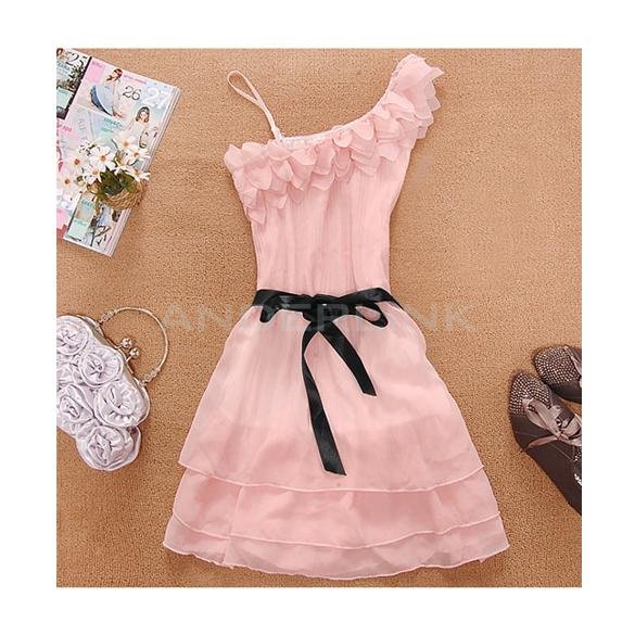 unknown Women Off One Shoulder Sweet Pleated Party Chiffon Dress