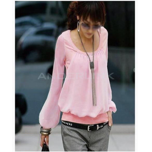 unknown Korean Lady Long-sleeved Puff Sleeve Round Neck Chiffon Fake Two-piece T-Shirt