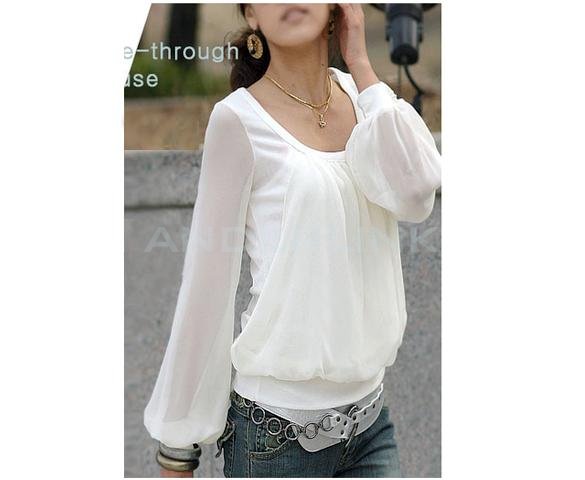 unknown Korean Lady Long-sleeved Puff Sleeve Round Neck Chiffon Fake Two-piece T-Shirt