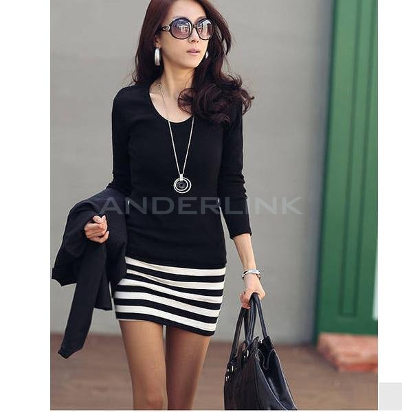 unknown 2012 new Korean ladies large size fashion Slim striped dress