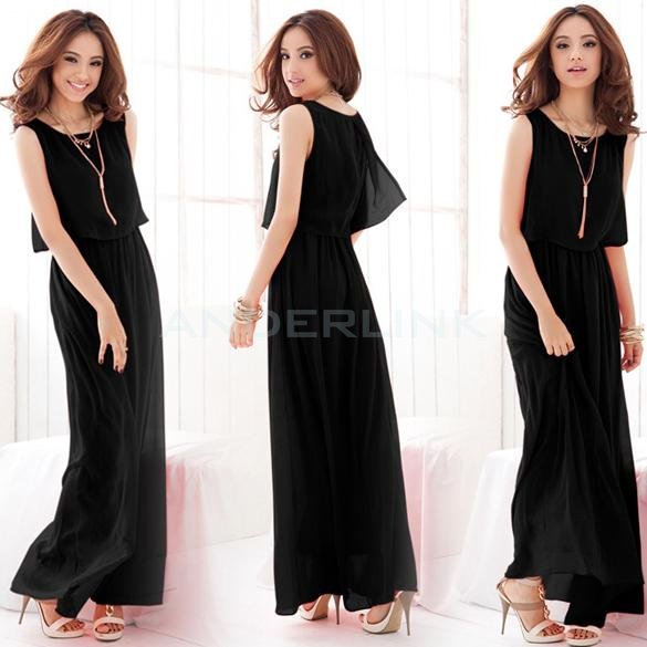 unknown New Women Bohenmia Pleated Wave Lace Strap Princess Chiffon Maxi long dress Four Colors Hot Sell