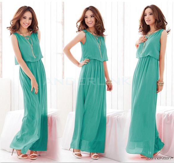 unknown New Women Bohenmia Pleated Wave Lace Strap Princess Chiffon Maxi long dress Four Colors Hot Sell