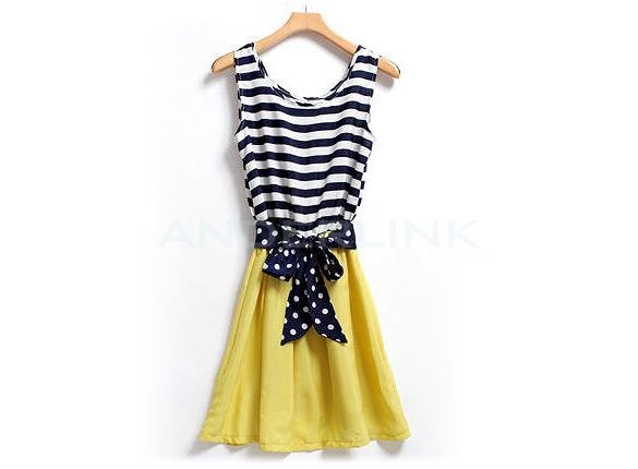 unknown Ladies Chiffon Stripes Collision-color Sleeveless Scoop Neck Splicing Vest Mini Dress Summer