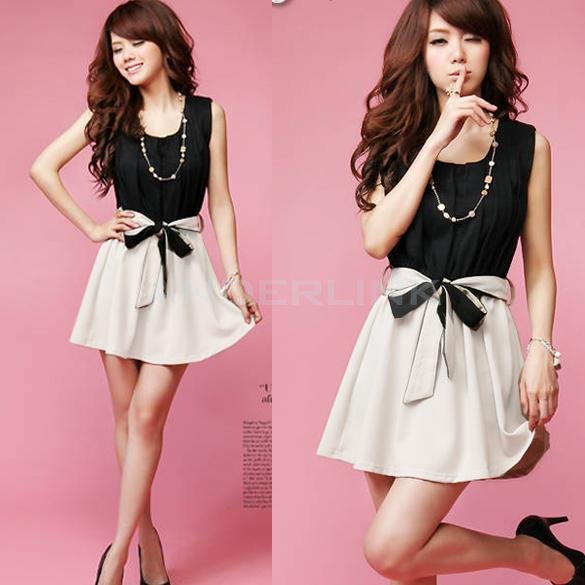 unknown New Women's Fashion Korea Style Sleeveless Elastic Waist Dress Color Block Mini Dress With Belt 2012
