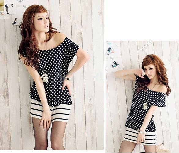 unknown Korean Fashion Women's Summer Stretch Cotton Lovely dot hem stripe Mini Dress