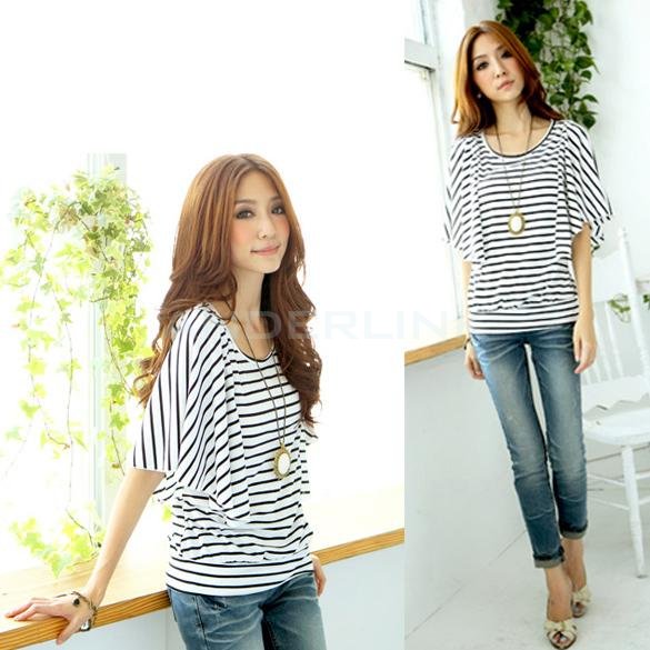 unknown Women Summer Cotton Short Sleeve Crew Neck Stripe Casual Tops T-Shirt 3 Colors