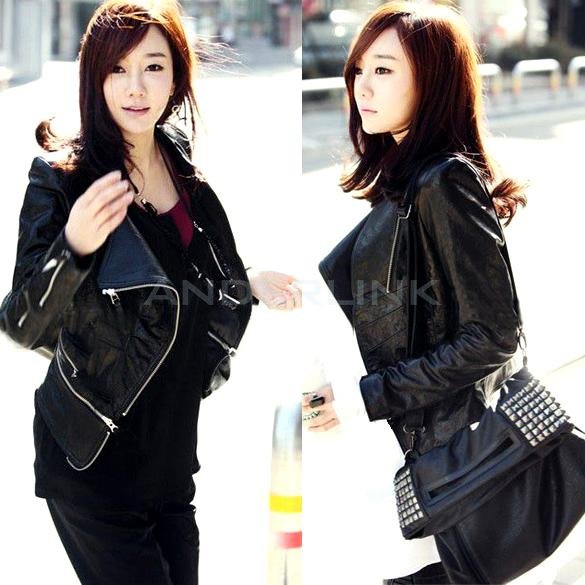 unknown Women's Korea Fashion Synthetic Leather Zipper Slim Jacket Coat Black