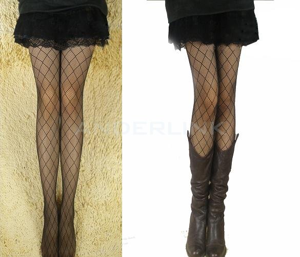 unknown Korea Women's Girls Sexy Rhombus Grid Net Pattern See Through Pantyhose Stockings Leggings Black