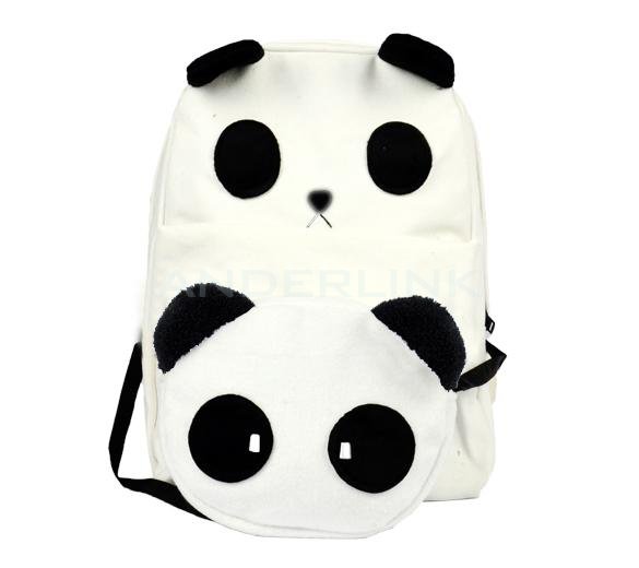 Women's Lady's Korean Style Lovely White Panda Canvas Backpack With a Small Panda Shoulder Bag