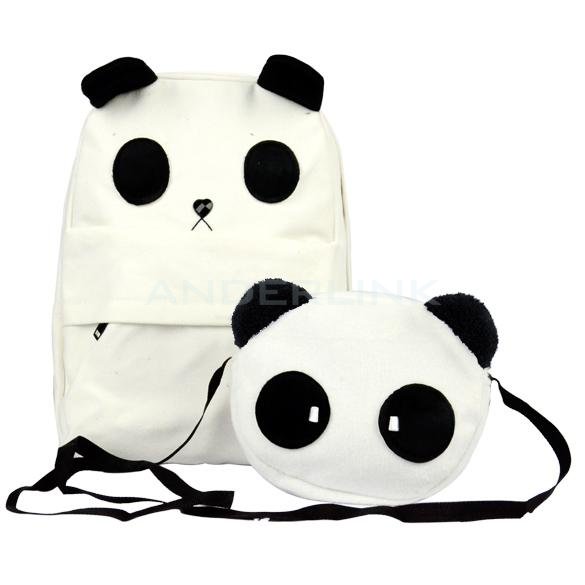 Women's Lady's Korean Style Lovely White Panda Canvas Backpack With a Small Panda Shoulder Bag