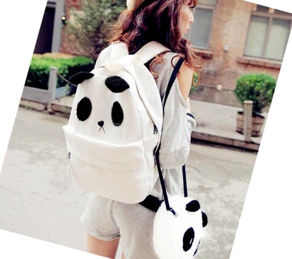 unknown Women's Lady's Korean Style Lovely White Panda Canvas Backpack With a Small Panda Shoulder Bag