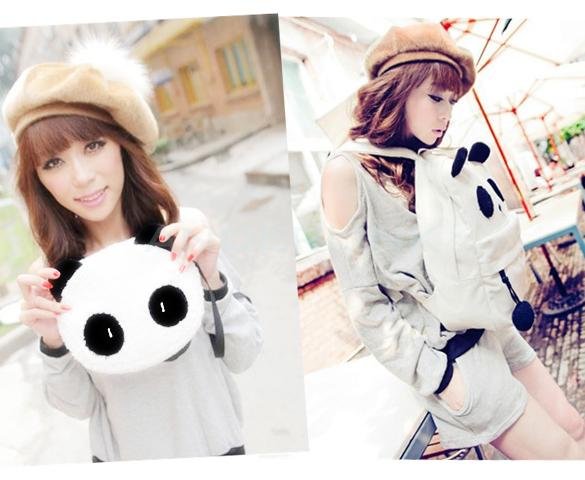 Women's Lady's Korean Style Lovely White Panda Canvas Backpack With a Small Panda Shoulder Bag