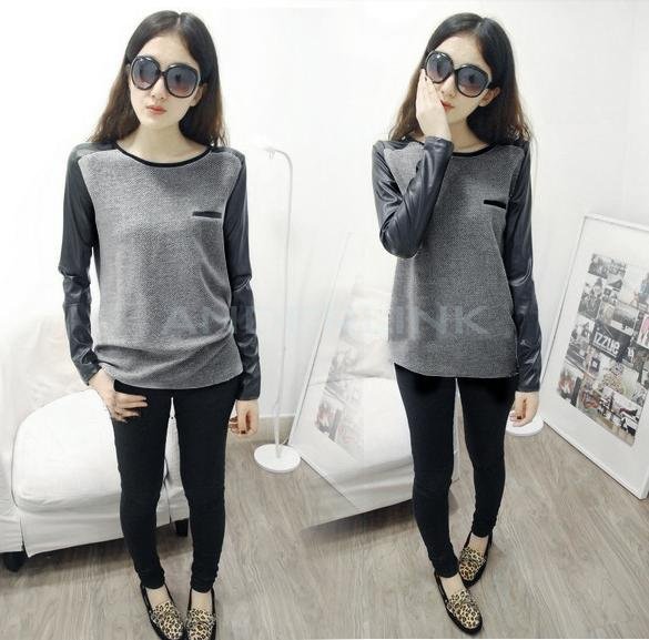 unknown Korean Women's Fashion Retro Loose Woven Long Sleeves O-Neck T-Shirt