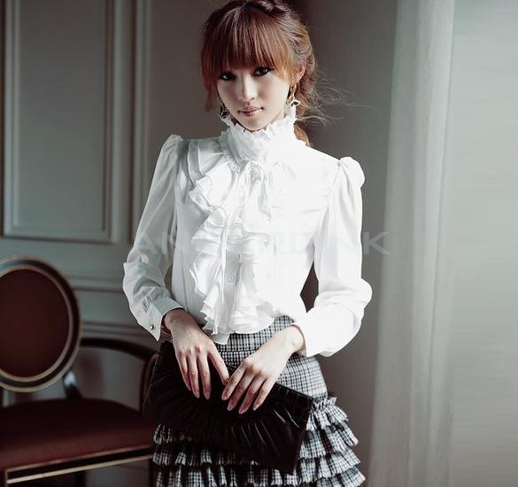 unknown Black/White Vintage Women OL Office High Neck Frilly Women Lapel Ruffle Collar Tops Shirt Blouse