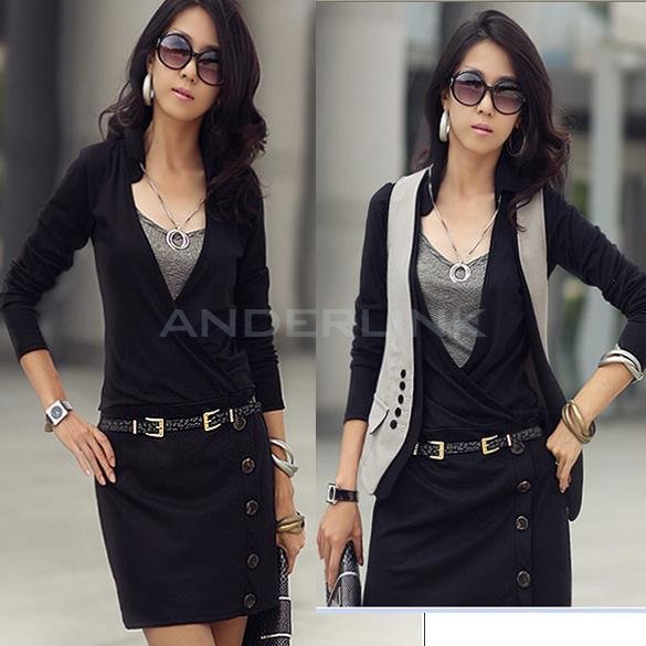 unknown Sexy Fit  Long Sleeve Lady Opening  EleganceMini Dress  Lapel Neck Cotton