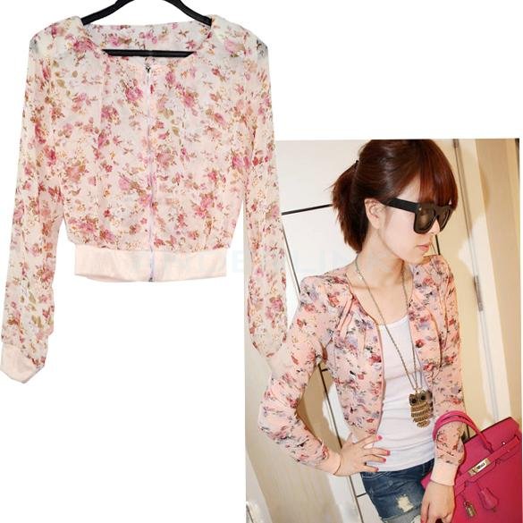 unknown Women Fashion Long Sleeve Floral Print Shrug Short Jacket Chiffon Top 3 Colors