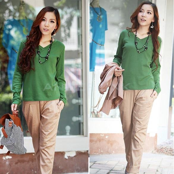 unknown Korea Women Cotton V Neck Long Sleeve Tee Shirt Top Basic Casual 5 Colors