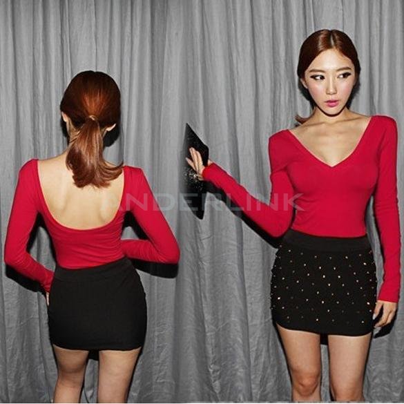 unknown Women's Candy Color Sexy Long Sleeve Low V-neck Backless Bottoming Shirt T-Shirt