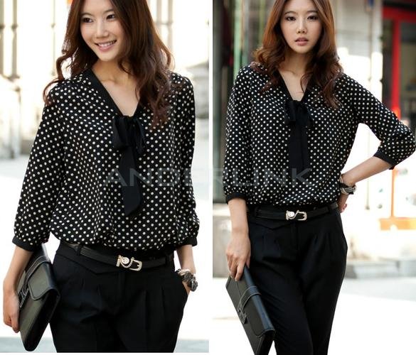 unknown Fashion Sexy Women's Clothes 3/4 Sleeve polka dot Print Top Shirt Blouse Chiffon
