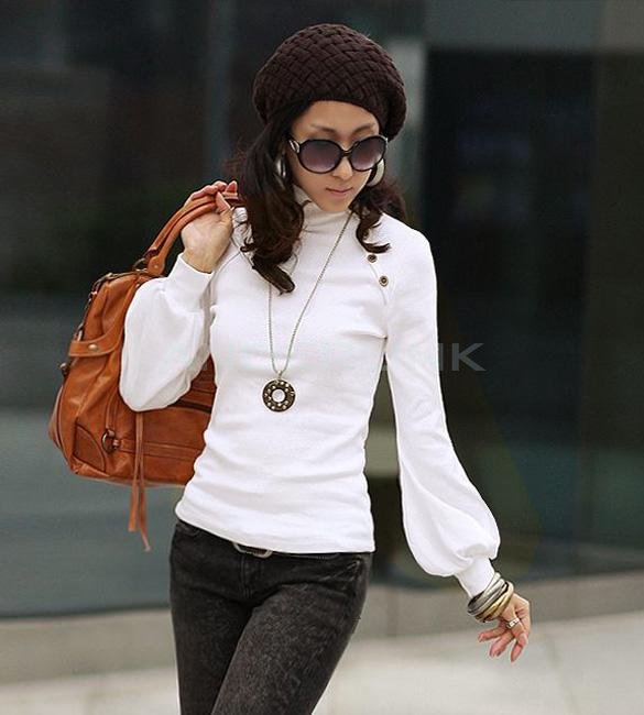 unknown Korea Style Autumn Turtleneck Lantern Sleeve Long-sleeved T-shirts Shirts Tops Four Colors