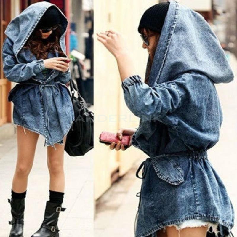 unknown Women's Hot Denim Trench Coat Hoodie Outerwear Hooded Jeans Coat Jacket New