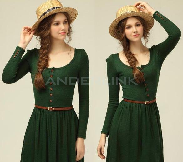 unknown Women's Ladies Long Sleeve Buttons Detail Expansion Skirt Knitting Long Dress With Belt