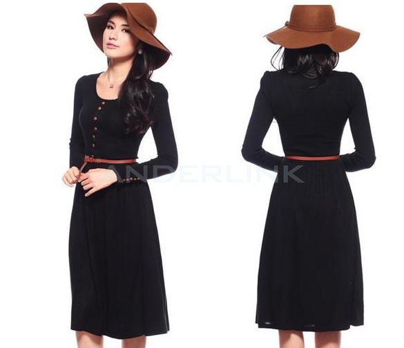 unknown Women's Ladies Long Sleeve Buttons Detail Expansion Skirt Knitting Long Dress With Belt